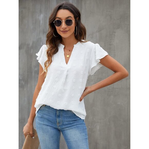 Women's White Blouse V Neck Ruffle Sleeve Flowy Shirts Dressy Casual - Picture 4 of 6